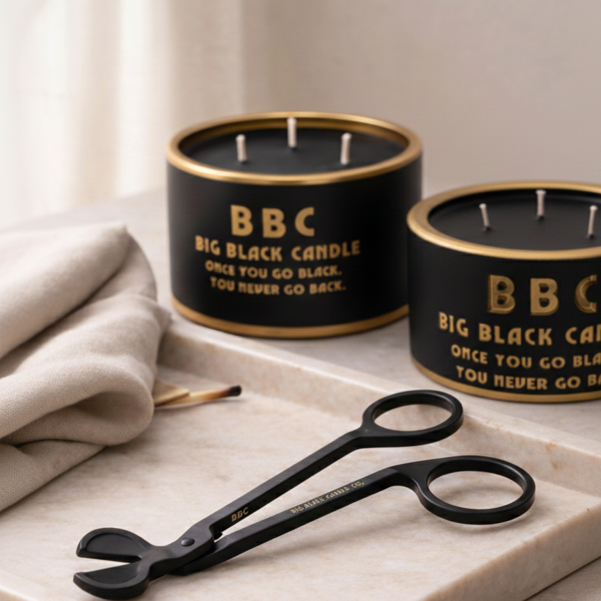 Black Candle Wick Trimmers with "BBC" and "Big Black Candle" branding