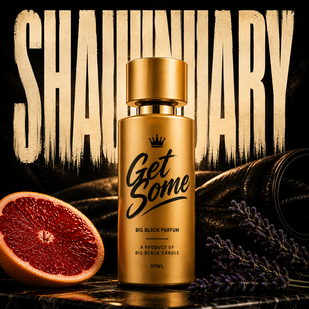A gold cylindrical perfume bottle labeled 'Get Some' stands centered against a dark background with large distressed text reading 'Shaunuary.' A sliced red grapefruit, dark leather, and lavender sprigs are arranged around it as styled props.