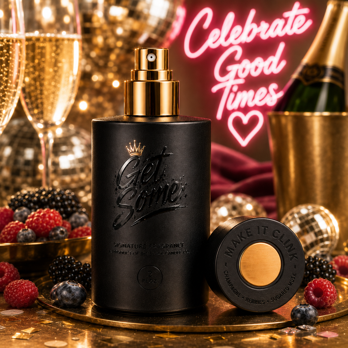 A matte black perfume bottle labeled 'Get Some' with a gold spray top, displayed on a gold tray with its cap beside it. The scene is styled with champagne flutes, berries, a neon sign reading 'Celebrate Good Times,' and a bottle in an ice bucket, creating a festive party atmosphere.